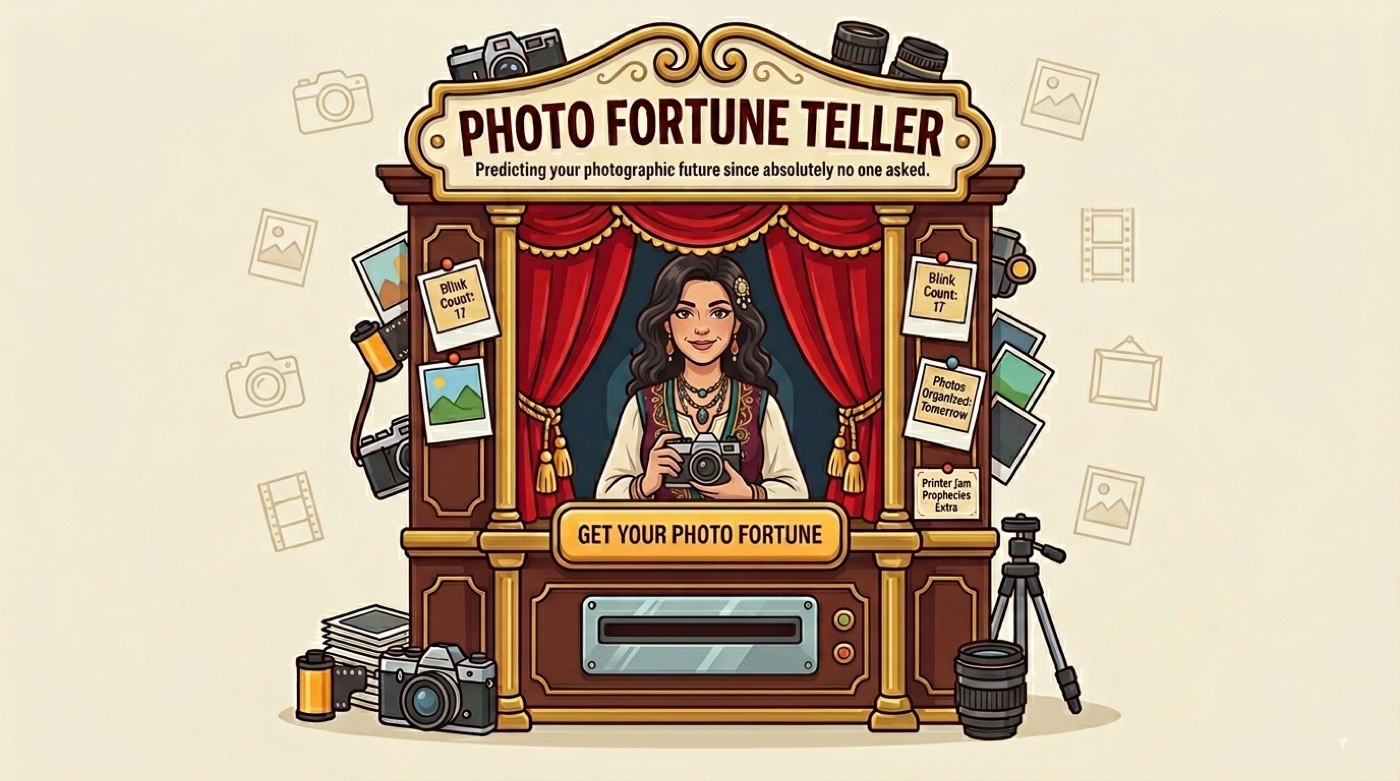 Photo Fortune Teller booth — a fortune teller in a curtained booth holding a camera, with a sign reading Photo Fortune Teller: predicting your photographic future since absolutely no one asked.